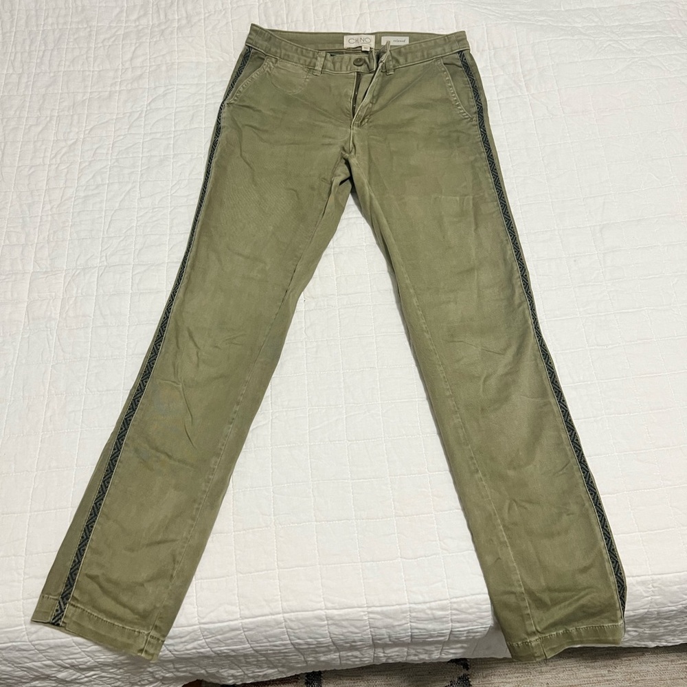 Women’s Chino’s, olive with navy stripe down leg. Barely worn, like new!